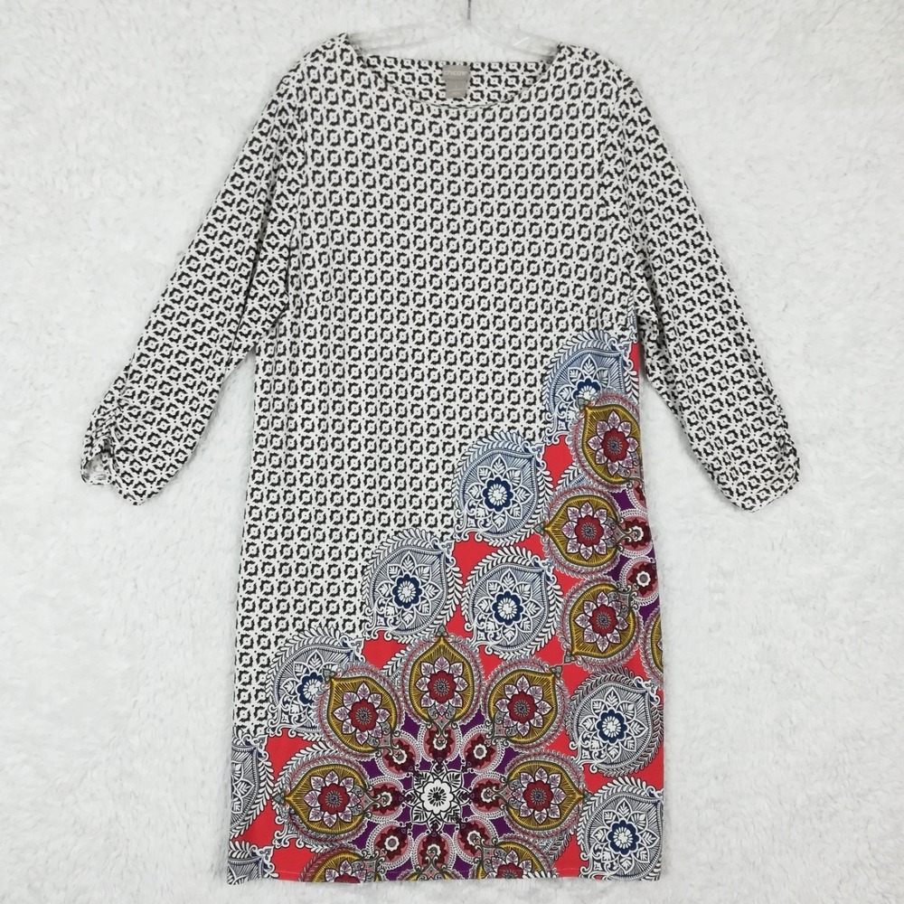 Chico's Womens‎ Shift Dress Boho Paisley Medallion White Multi Knee Length 12